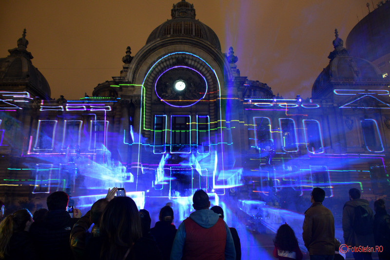 fotografii festivalul luminii spectacol lasr spotlight Palatul CEC Calea Victoriei