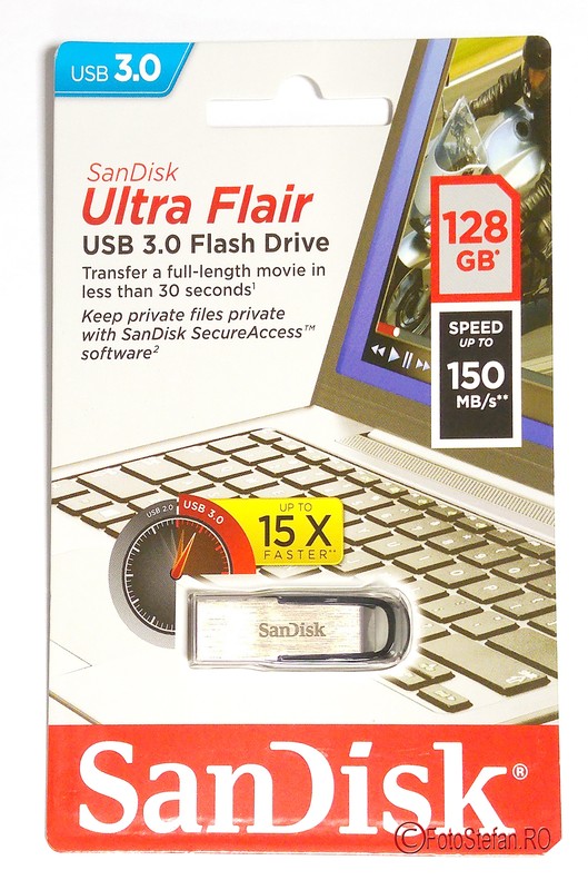 poza ambalaj SanDisk Cruzer Ultra Flair 128GB memorie USB 3.0