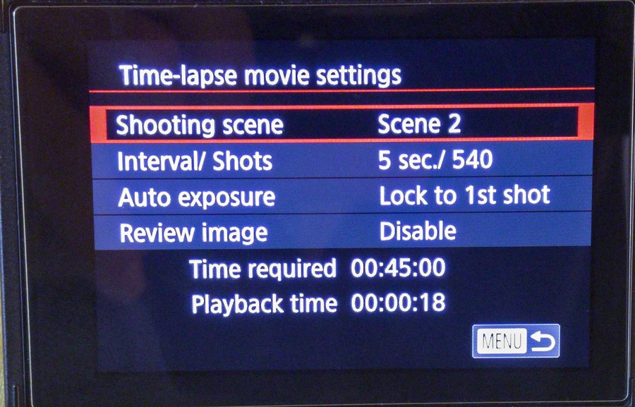 poza captura ecran meniu time-lapse Canon G7 X Mark II